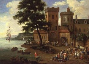 Rybáři vykládají své úlovky a pánové odjíždějící z panského sídla od A.F. and Bouts P. Boudewyns