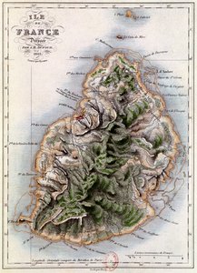 Mapa Mauricia, ilustrace z „Paul et Virginie“ od Henriho Bernardina de Saint-Pierre (1737-1814), rytina Dyonnet, 1836 od A.H. Dufour