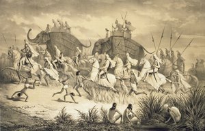 Kavalkáda sikhských náčelníků na slonech, z „Voyage in India“, vyryté hospodou Louis Henri de Rudder (1807-81). v Londýně od A. (after) Soltykoff