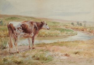 Krajina s řekou a krávou od A Brown