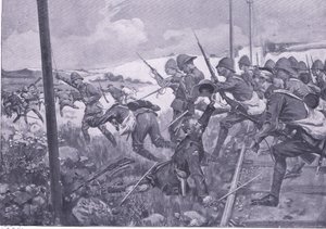 Obvinění skotských střelců ve Fredrikstadu, ilustrace z After Pretoria: The Guerilla War, 1902