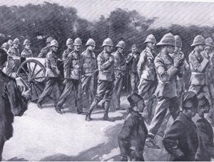 Pohřeb s vojenskými poctami búrského vězně v Simonstownu, z After Pretoria: The Guerilla War vydané nakladatelstvím Harmsworth Bros Limited, 1901