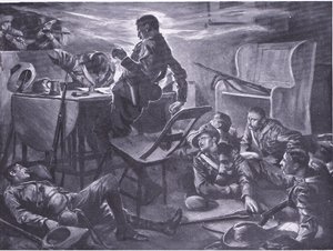 Zabití dvou mužů z Comptons Horse při psaní dopisů domů, ilustrace z After Pretoria: The Guerilla War, 1902