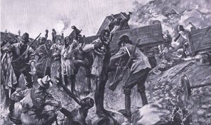 Ztroskotání vlaku poblíž Taaibosch, z After Pretoria: The Guerilla War vydané Harmsworth Bros Limited, 1901