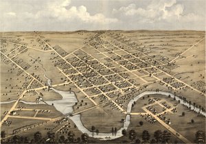Pohled z ptačí perspektivy na Columbus, Columbia Co., Wisconsin 1868. LOC 73694538 od A.; Chicago Lithographing Co. Ruger