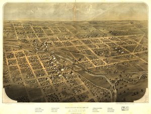 Pohled z ptačí perspektivy na město Albion, Calhoun Co., Michigan. LOC 73693419 od A.; Chicago Lithographing Co. Ruger