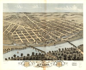Pohled z ptačí perspektivy na město Attica, Fountain County, Indiana 1869. LOC 73693378 od A.; Chicago Lithographing Co. Ruger