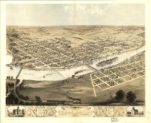 Pohled z ptačí perspektivy na město Cedar Rapids a Kingston, Linn Co., Iowa 1868. LOC 73693391 od A.; Chicago Lithographing Co. Ruger