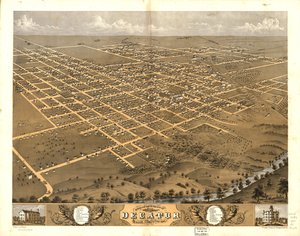 Pohled z ptačí perspektivy na město Decatur, Macon Co., Illinois 1869. LOC 73693354