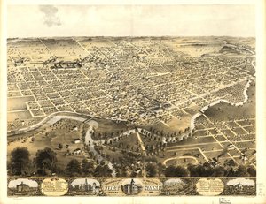 Pohled na město Fort Wayne ve státě Indiana z ptačí perspektivy v roce 1868. LOC 73693381