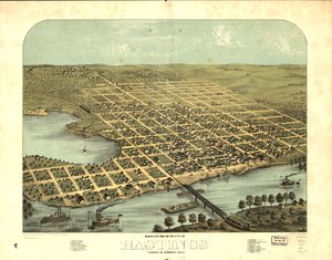 Pohled z ptačí perspektivy na město Hastings, Dakota Co., Minnesota 1867. LOC 73693453