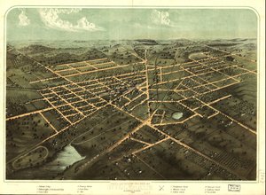 Pohled z ptačí perspektivy na město Hillsdale, Hillsdale Co., Mich. 1866. LOC 73693429 od A.; Chicago Lithographing Co. Ruger