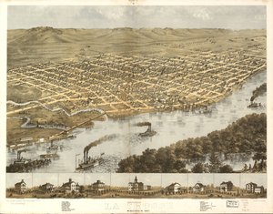 Pohled na město La Crosse ve Wisconsinu z ptačí perspektivy v roce 1867. LOC 73694545 od A.; Chicago Lithographing Co. Ruger