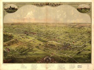 Pohled z ptačí perspektivy na město Lansing, Michigan 1866. LOC 73693436 od A.; Chicago Lithographing Co. Ruger