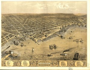Pohled z ptačí perspektivy na město Muskegon, Muskegon Co., Michigan 1868.