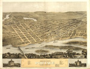 Pohled z ptačí perspektivy na město Portage, Columbia Co., Wisconsin 1868. LOC 73694548