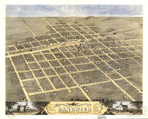 Pohled z ptačí perspektivy na město Sandwich, okres De Kalb, Illinois 1869. LOC 73693372 od A.; Chicago Lithographing Co. Ruger