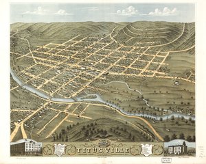 Pohled z ptačí perspektivy na město Titusville, Crawford County, Pennsylvania 1871. LOC 73694524 od A.; Chicago Lithographing Co. Ruger