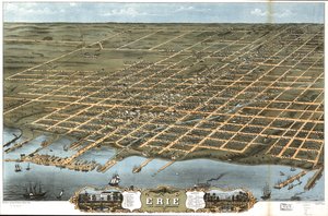 Pohled z ptačí perspektivy na město Erie, Erie County, Pennsylvania 1870. od A. Chicago Lithographing Co. Ruger and Stoner Ruger