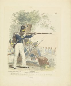 Flankeur ve skvělé uniformě, 1820-1825 Holandská pěchota. Desátník der Flankeurs ve skvělé uniformě (titul na předmětu) Vojenské kostýmy Nizozemského království. Věnováno Jeho Excelenci Willemu van Bylandtovi (název série na objektu)