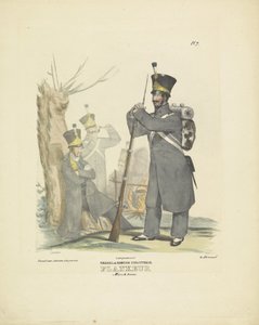 Flankeur in mars tenue, 1820-1825 Nederlandsche Infanterie. Flankeur Marsch tenue (title on object) Militaire costumen van het Koninkryk der Nederlanden. Opgedragen aan zyne excellentie Willem van Bylandt (series title on object)   1355903   cs       czech