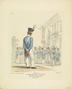 Hudebník v plné uniformě Hudebník v celých šatech, 1820-1825 Nederlandsche Infanterie Musikant ve skvělé uniformě (název na předmětu) Vojenské kostýmy Nizozemského království. Věnováno Jeho Excelenci Willemu van Bylandtovi (název série na obj