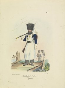 Sappeur, 1820-1825 Holandská pěchota. sapeur (název na objektu) Vojenské kostýmy Nizozemského království. Věnováno Jeho Excelenci Willemu van Bylandtovi (název série na objektu)