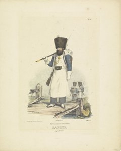 Sappeur ve skvělé uniformě, 1820-1825 Holandská pěchota. Sapeur ve velkém oblečení (název na objektu) Vojenské kostýmy Nizozemského království. Věnováno Jeho Excelenci Willemu van Bylandtovi (název série na objektu)