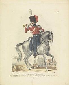 Trumpetista v plné uniformě Trumpetista ve skvělé uniformě, 1820-1825 holandská kavalérie. Trumpetista Ligte Dragoons. ve velkém oblečení (titul na předmětu) Vojenské kostýmy Nizozemského království. Věnováno Jeho Excelenci Williamovi z B