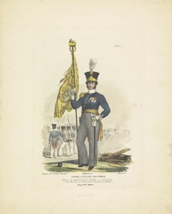 Vlajkonoš v plné uniformě, 1820-1825 Holandská pěchota. Standardní nositel ve velké uniformě (titul na předmětu) Vojenské kostýmy Nizozemského království. Věnováno Jeho Excelenci Willemu van Bylandtovi (název série na objektu)