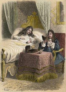 Ludvík XIV. francouzský král rád poslouchal Jeana Racina číst a přivedl ho, když byl nemocný. Rytina A. Duruye v „“ Literárních ilustracích Francie; zlatá, Anekdotická galerie našich hlavních autorů zajímajících se o jejich činy a jejich nápisy“