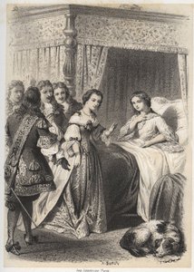 Madame Deshoulieres, Antoinette Ligier de La garde (1637-1694) zavalená otázkami svého doprovodu po noci strávené se strachem z ducha. Rytina A. Duruy v „“ Ilustrace litteraires de la France; nebo, Galerie anecdotique de nos pr