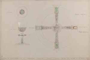 Kaple rytířství: navrhovaný kalich, paténa a almužna (tužka, inkoust, štětec, wc a stříbrná barva na šedé kartě) od A. Edward Jones and Co.