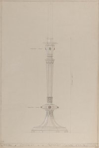 Rytířská kaple: návrh stříbrného svícnu (tužka, tuš, štětec, wc a stříbrná barva na šedém kartonu) od A. Edward Jones and Co.