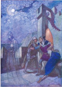 "Hamlet vybuchl z nich a následoval, kamkoli duch vedl", z Příběhů ze Shakespearovy hospody. od Ward Lock & Co Ltd, 1930-40"s