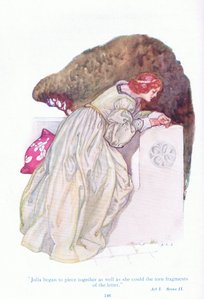 Julia začala skládat dohromady roztrhané fragmenty dopisu (Dva pánové z Verony) z Pohádek ze Shakespearovy hospody. od Ward Lock & Co Ltd od A. Jackson