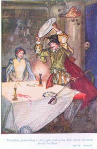 Petruchio, předstíral, že na každém jídle hledá chybu, házel maso po podlaze (Zkrocení zlé ženy) z Příběhů ze Shakespearovy hospody. od Ward Lock & Co Ltd od A. Jackson