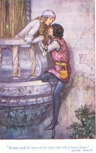 Romeo se s těžkým srdcem rozloučil se svou drahou manželkou (Romeo a Julie) z Pohádek ze Shakespearovy hospody. od Ward Lock & Co Ltd