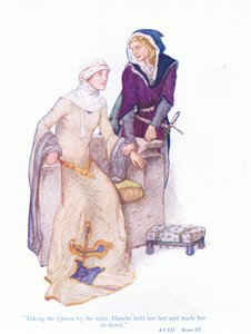 Hamlet vzal královnu za zápěstí, pevně ji držel a donutil ji posadit se (Hamlet), z Příběhů ze Shakespearovy hospody. od Ward Lock & Co Ltd, 1930-40s od A. Jackson