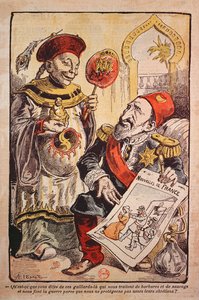 Karikatura obviňující pokrytectví a dvojí standardy západní Evropy v jejich kritice a chování vůči Číně a Osmanské říši;