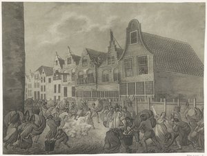 Zřícení bednění podél Kortendijk v Gorinchem, 1809 Čtyři desky povodně v roce 1809 věnované králi Ludvíku Napoleonovi (název série)