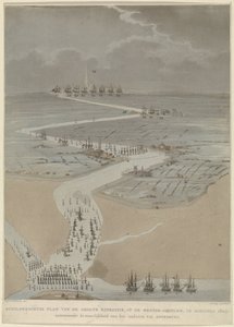 Pohled z ptačí perspektivy na západní Scheldt s anglickými, holandskými a francouzskými flotilami, 1809 Malebný plán velké expedice na Západní Šeldu v srpnu 1809 (název na objektu)