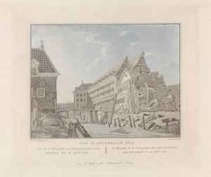 Pohled na zhroucený východoindický námořní sklad v Amsterdamu, 1822 O.I. Sklad a loděnice / Le Magasin de la Compagnie des Indes Orientales (název na objektu) Pohledy na Amsterdam (název série)
