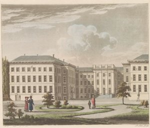 Palác Noordeinde v Haagu, 1810-1825 Le Palais royal à La Haye, vu du jardin / Královský palác v Haagu, při pohledu ze strany zahrady (název na objektu)
