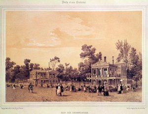 Pohled na Cafe des Ambassadeurs na Champs Elysees v Paříži Litografie A. probošta (aktivní kolem 1834-1855) Paříž, Musee Carnavalet