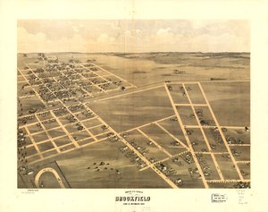 Pohled z ptačí perspektivy na Brookfield, Linn Co., Missouri 1869. LOC 73693470