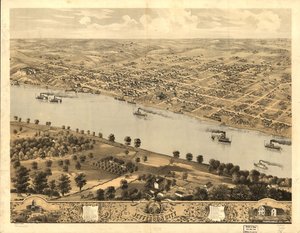 Pohled z ptačí perspektivy na Jefferson City, hlavní město státu Missouri 1869. LOC 73693479 od A. Ruger