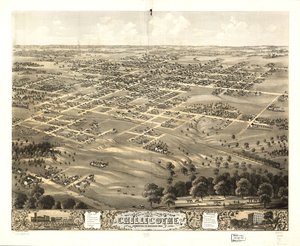 Pohled z ptačí perspektivy na město Chillicothe, Livingston Co., Missouri 1869. LOC 73693472 od A. Ruger