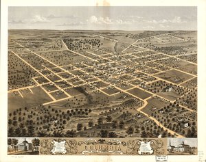 Pohled z ptačí perspektivy na město Columbia, Boone Co., Missouri 1869. LOC 73693473
