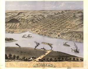 Pohled z ptačí perspektivy na město Hannibal, Marion Co., Missouri 1869. LOC 73693475